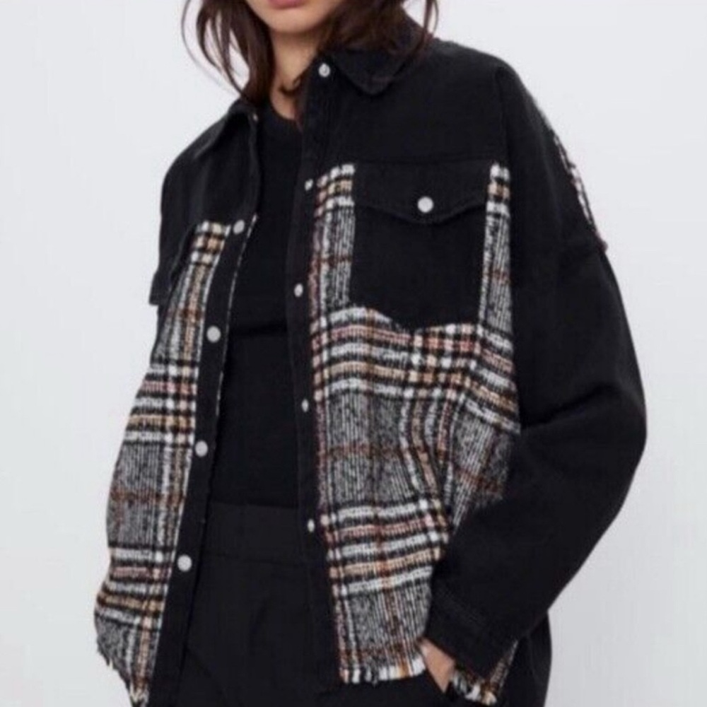 Zara Black Denim Wool Plaid Jacket Sz S